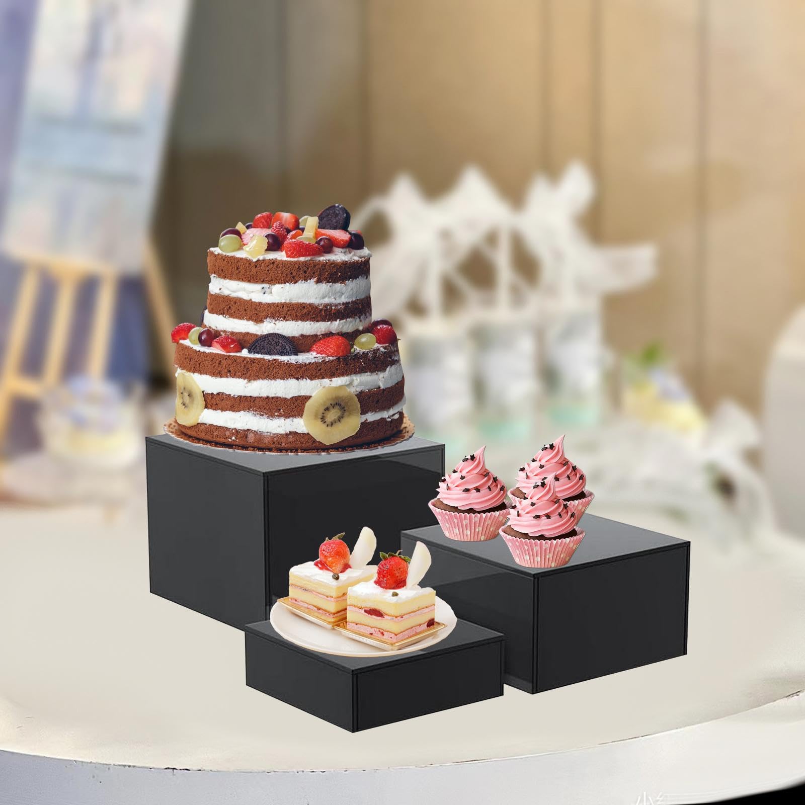 3 Pezzi Alzate per Buffet Espositore Cubo Acrilico Alzate Nesting Set da Tavolo da Dessert per Artigianato di Caramelle Matrimonio Festa di Compleanno , Nero