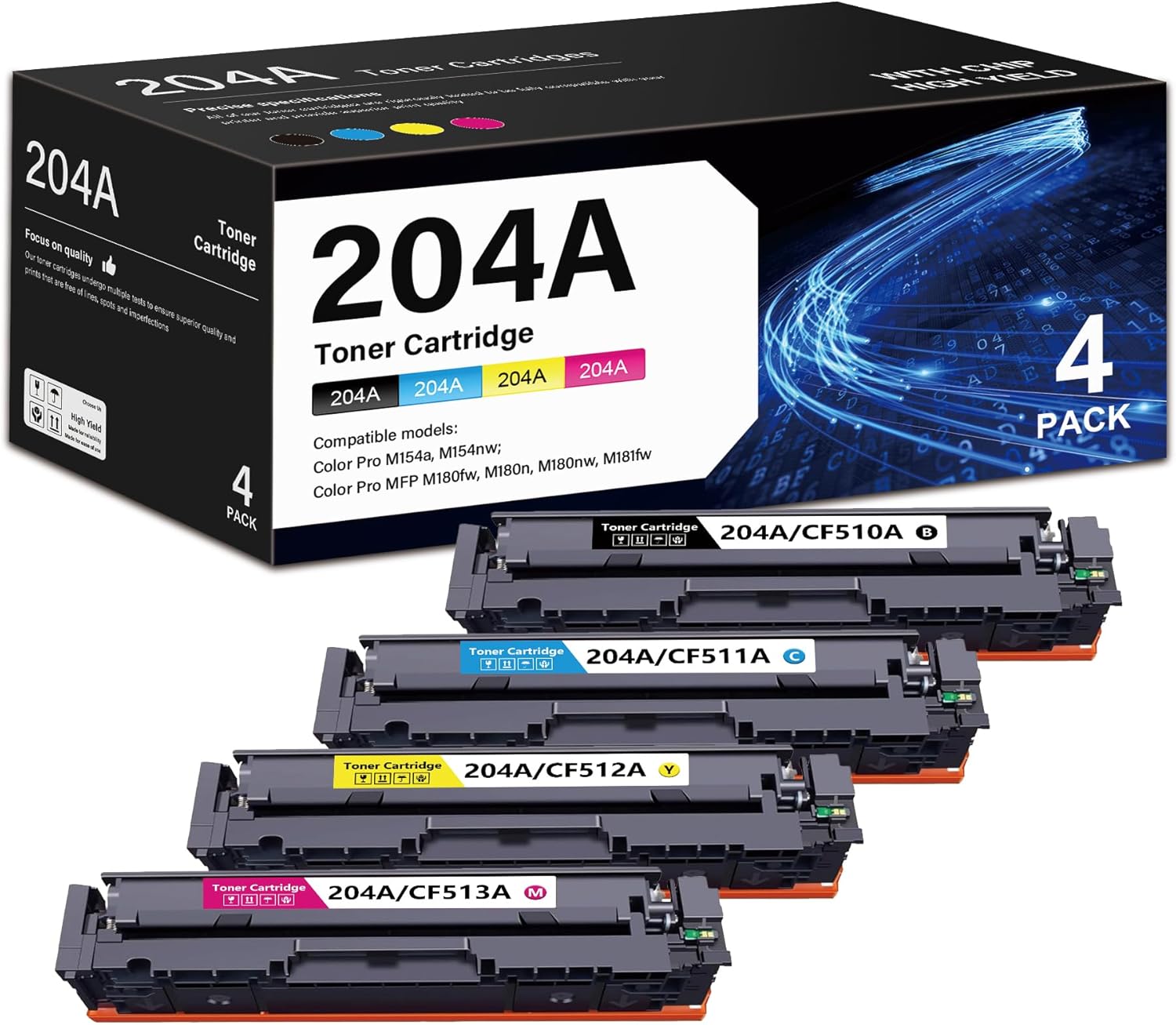 204A Toner Cartridge 4 Pack High Yield Replacement for HP 204A Toner CF510A CF511A CF513A CF512A for HP Color Pro M154a M154nwColor Pro MFP M180fw M180n M180nw M181fw（Black Cyan Magenta Yellow）
