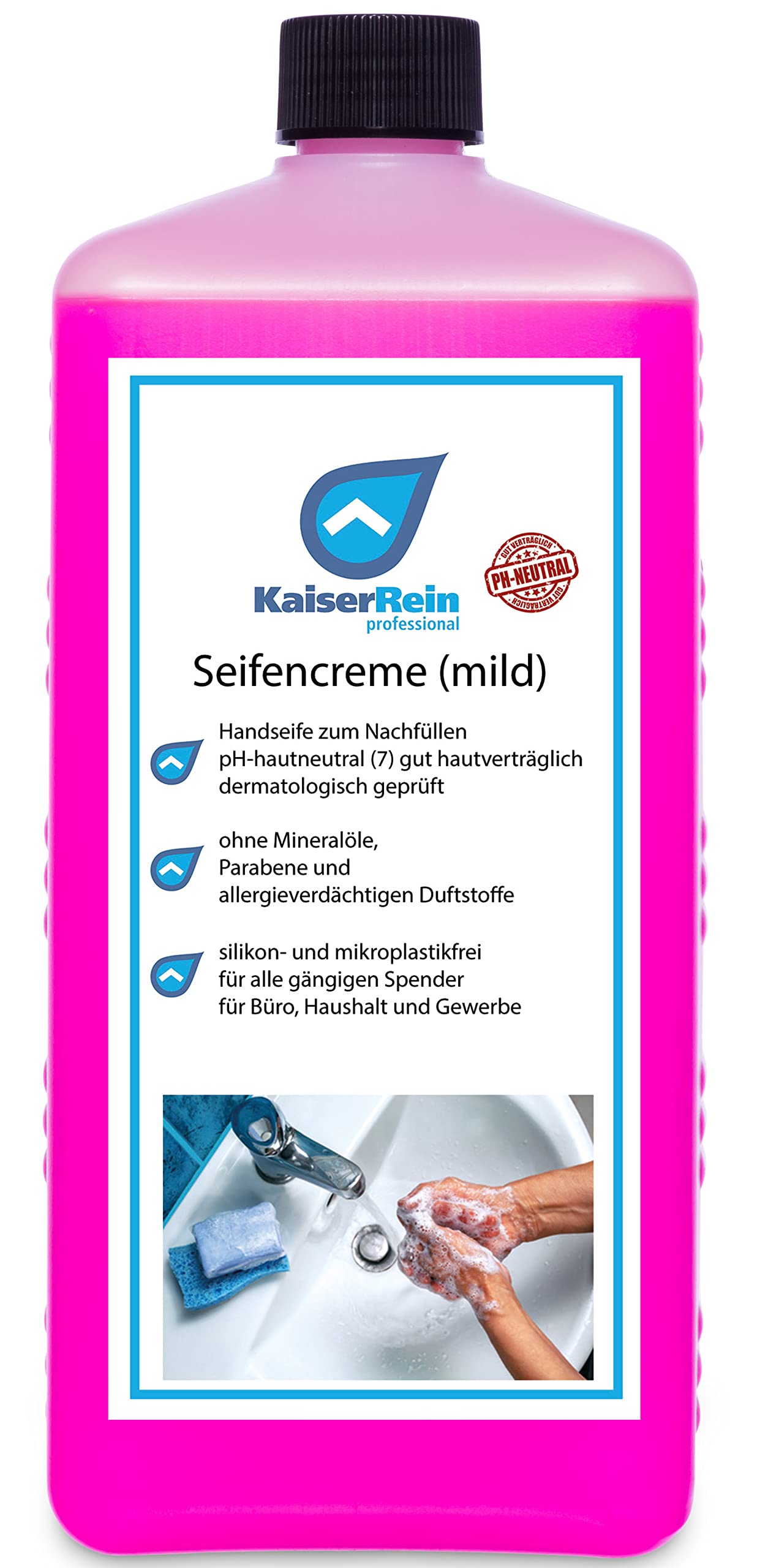 KaiserRein Seife 12x1 L Flasche für Spender Nachfüll-beutel Flüssig-seife ohne Mineralöle, Parabene und allergieverdächtigen Duftstoffe