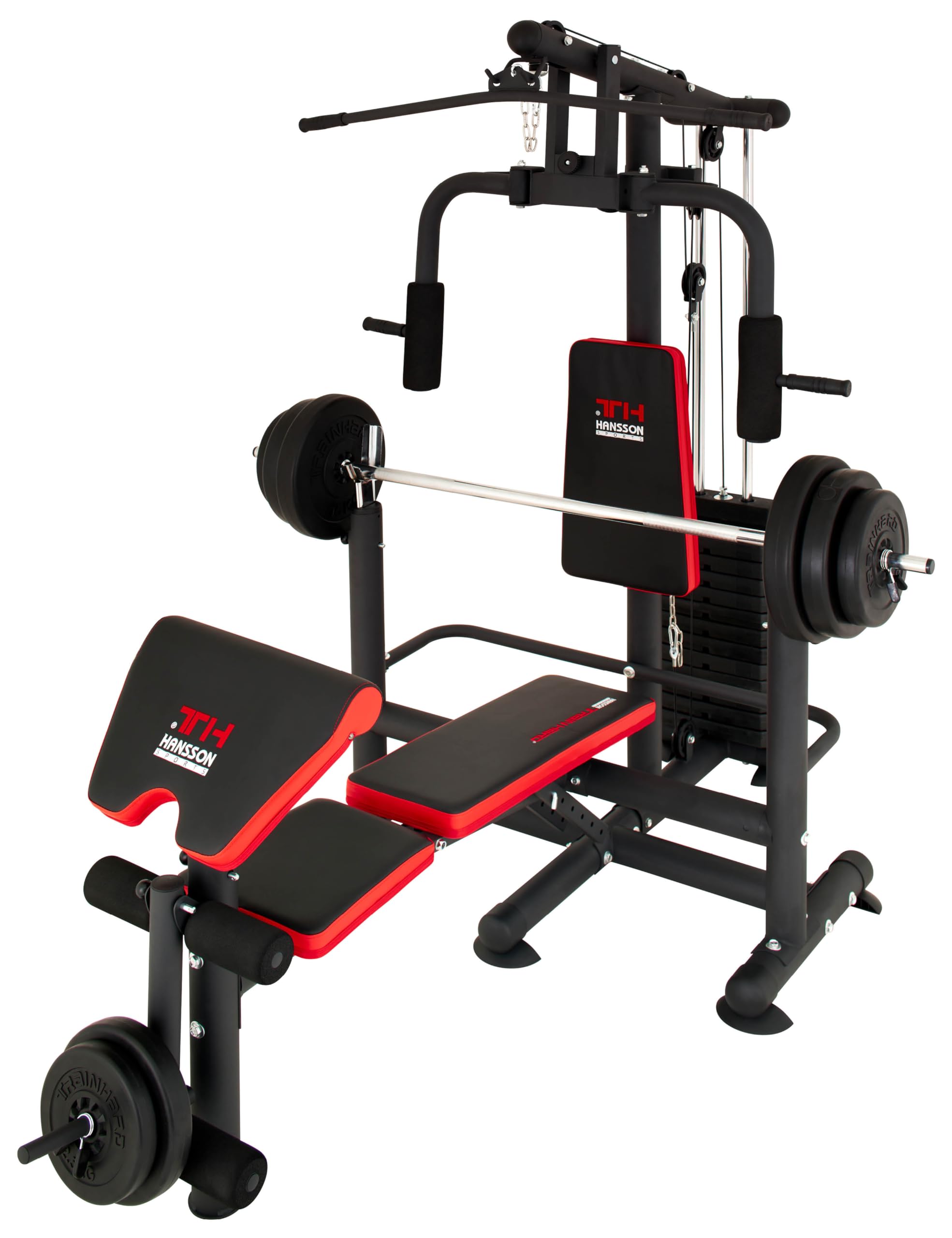 Hansson Sports® Universal Kraftstation Hantelbank Multifunktion mit Hantelablage Latzug Butterfly Beinstrecker Beinbeuger 65kg Gewichten klappbar