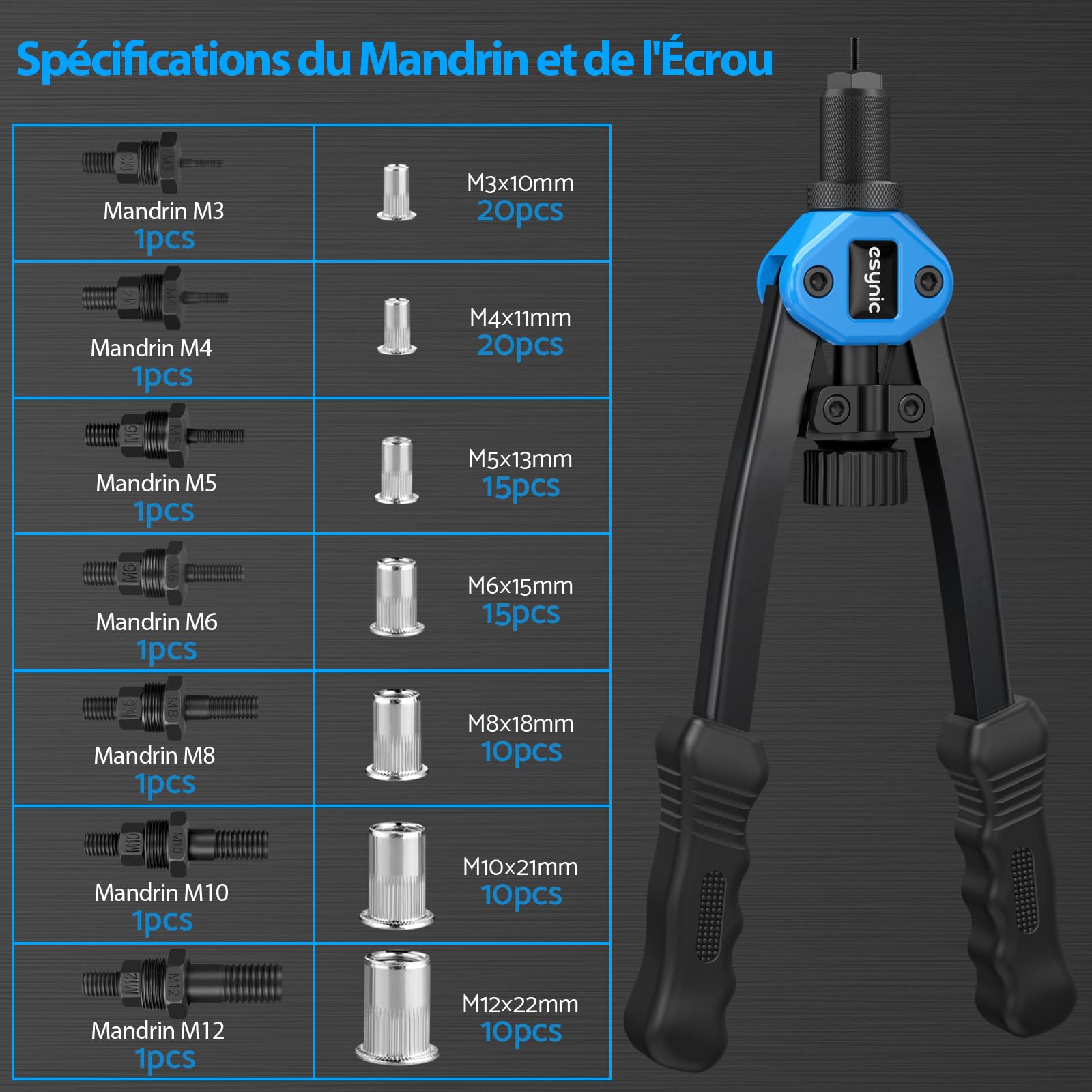 eSynic 13" Pistolet à Rivets Professionnel avec 100 Écrous Interchangeables M3 M4 M5 M6 M8 M10 M12 Pince à Rivet Insert avec Étui de Transport | Avec Étui de Transport, M3 M4 M5 M6 M8 M10 M12, Poignée Ergonomique, Bras en Acier au Carbone, Économie d'Effo
