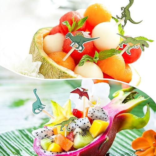 Miniatura 6 de Púas de cóctel de dinosaurios, palillos de dientes de dinosaurio, palillos de dientes de bambú para cupcakes para niños, fiesta de cumpleaños, baby