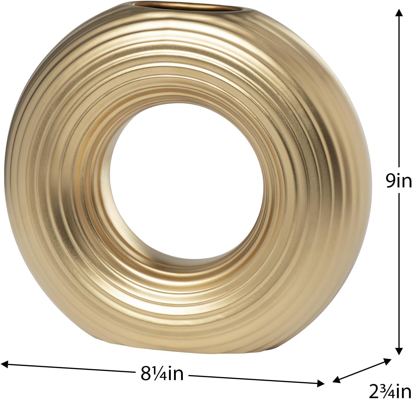 Torre & Tagus 9" Ceramic Gold Circle Vase for Flowers and Ribbed Sculptural Decor for Modern Home Styling, Donut Shape Pampas Grass Vase for Living Room Centerpieces (Circa Gold)