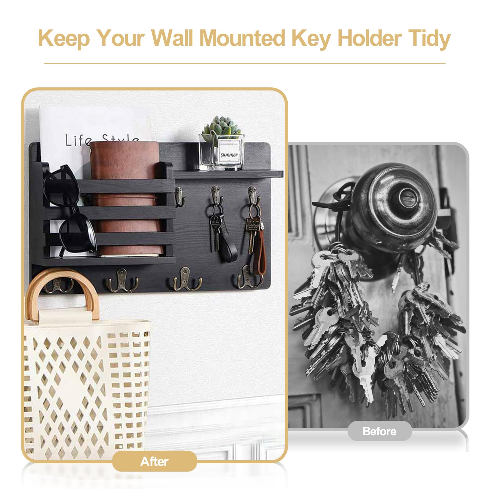 Porte Clef Mural avec 4 Crochets Doubles Porte Clé Mural Boite a Clef Decorative Boite a Clefs Murale pour Clés Décoration Rustique pour l'entrée, le Vestibule et le Bureau, Noir