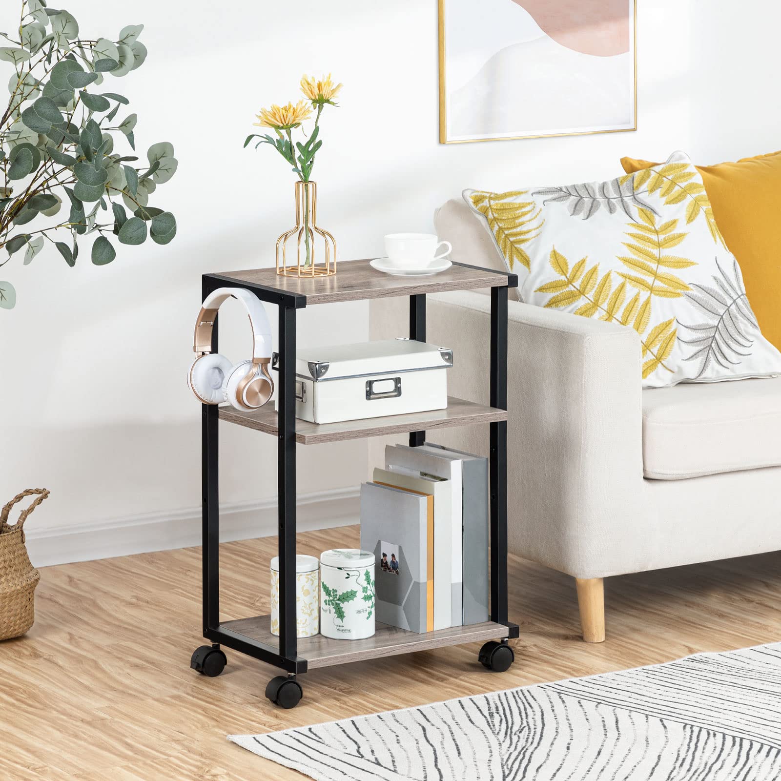 HOOBRO Soporte para Impresora, Carro de Impresora de Escritorio de 3 Estantes, con Pies Ajustables y Ruedas Bloqueables, para Oficina, Salón, Cocina, Estilo Industrial, Greige y Negro EBG28PS01N1