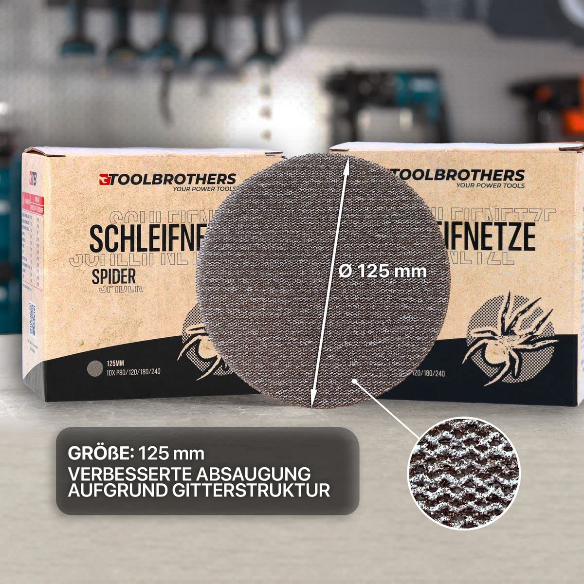 Toolbrothers SPIDER zestaw do szlifowania siatkowego środek ścierny 4 opakowania 160 x siatka szlifierska 125 mm rzep po 40 x P80 / P120 / P180 / 240 do twardego drewna, miękkiego drewna, lakieru, kamienia, stali, aluminium, forniru