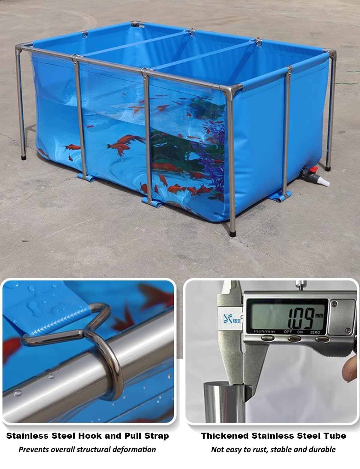 Estanque flexible de PVC con marco de acero inoxidable para interiores y exteriores, acuario de peces con panel de visualización