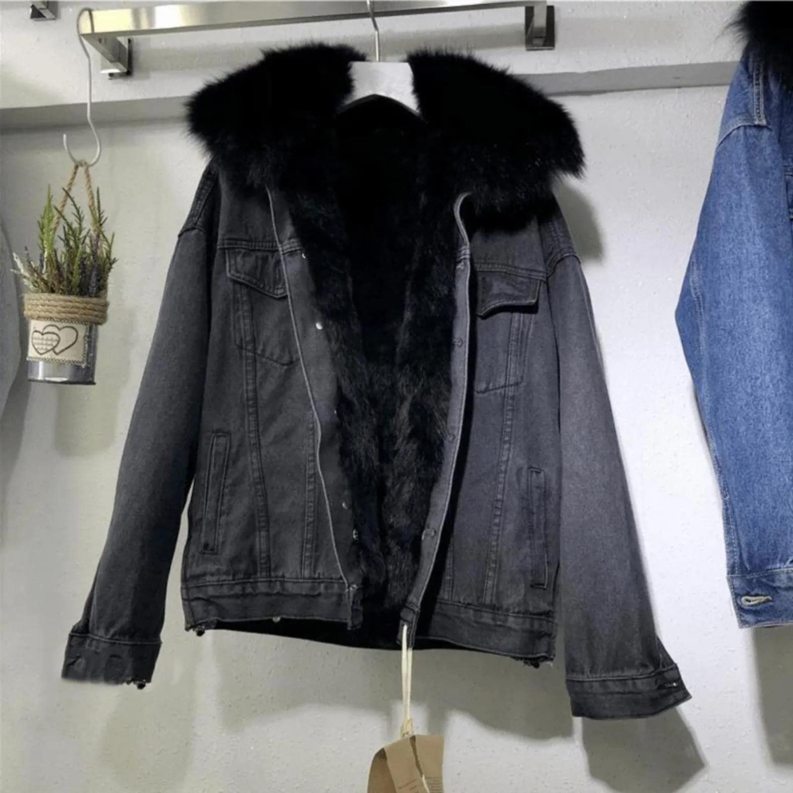 Ropa de Invierno de Las Mujeres algodón Vintage Grueso Abrigo de Mezclilla cálido Mujer Chaqueta de Mezclilla granizada Collar de Piel Suelta más Terciopelo Jean Parkas-Light Blue,L