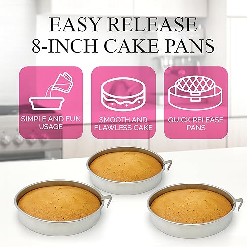 Miniatura 4 de Aunt Shannon's Kitchen Moldes redondos de 8 pulgadas, paquete de 3, moldes plateados para pasteles con una hoja giratoria incorporada, juego de