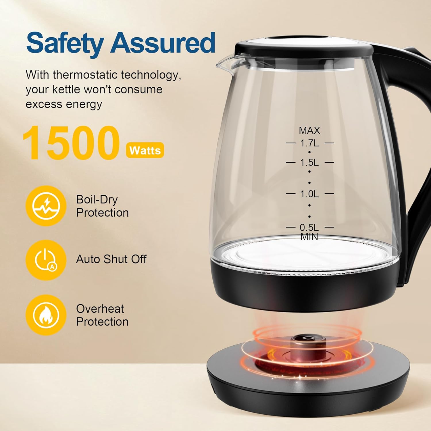 KEINVE Electric Kettle, 1.7L Tea Kettle & Hot Water Boiler for Coffee & Tea, Water Heater & Teapot, Automatic Shut Off, Borosilicate Glass, 1200W (Black)
