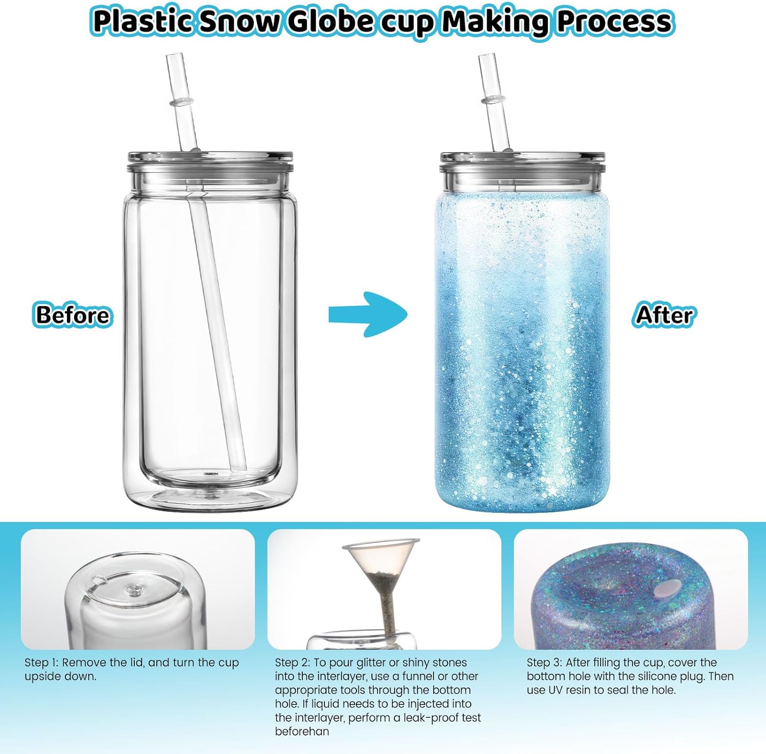 ZONEGRACE 12 Pack 16 oz Acrylic Snow Globe Tumbler Cups, Double Wall Plastic, Pre-Drilled Hole with Plug, DIY Snowglobe Tumbler Supplies Bulk, Clear Mason Jar Style with Lids & Straws