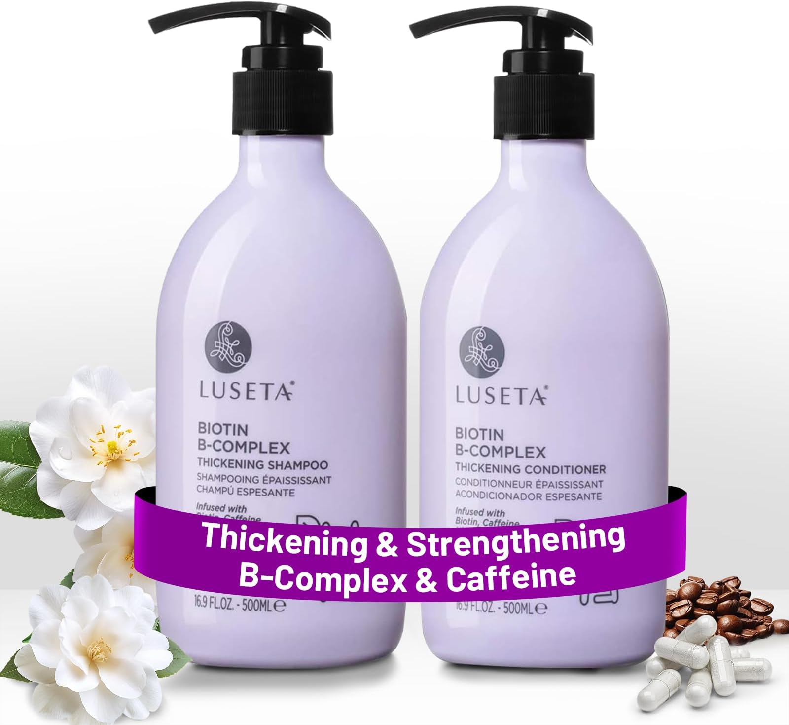 Luseta Biotin B-Complex Shampoo & Conditioner Set for Hair Growth and Strengthener - Hair Loss Treatment for Thinning Hair With Biotin Caffein and Argan Oil for Men & Women - All Hair Types 2 x 500ml