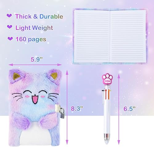 Miniatura 5 de Diario de gato con cerradura, regalo para niñas de 6, 7 y 8 años, diario secreto con monedero, bolígrafo multicolor, nota post-it, calcomanías