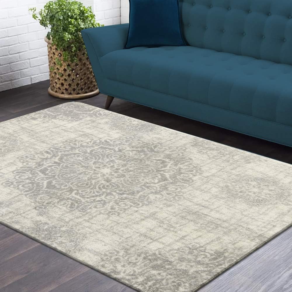 Lahome Vintage Medallion 4x6 Rug - Washable Soft Rug for Bedroom Non Slip Living Room Carpet Distressed Ultra-Thin Area Gray Accent, Throw Floor Carpets for Entryway Office Bedrooms