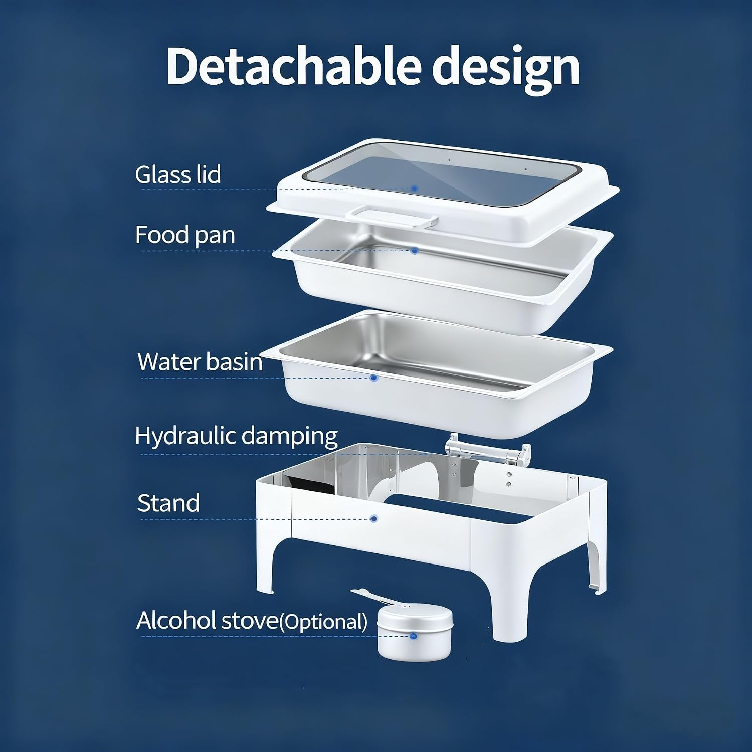 White Chafing Dishes for Buffet 4 Pack, 9.5QT Square Stainless Steel Chafing Dish with Transparent Hydraulic Lid, Water Pan, Food Pan, Buffet Warmer for Parties and Events (Full Size,Matte White)