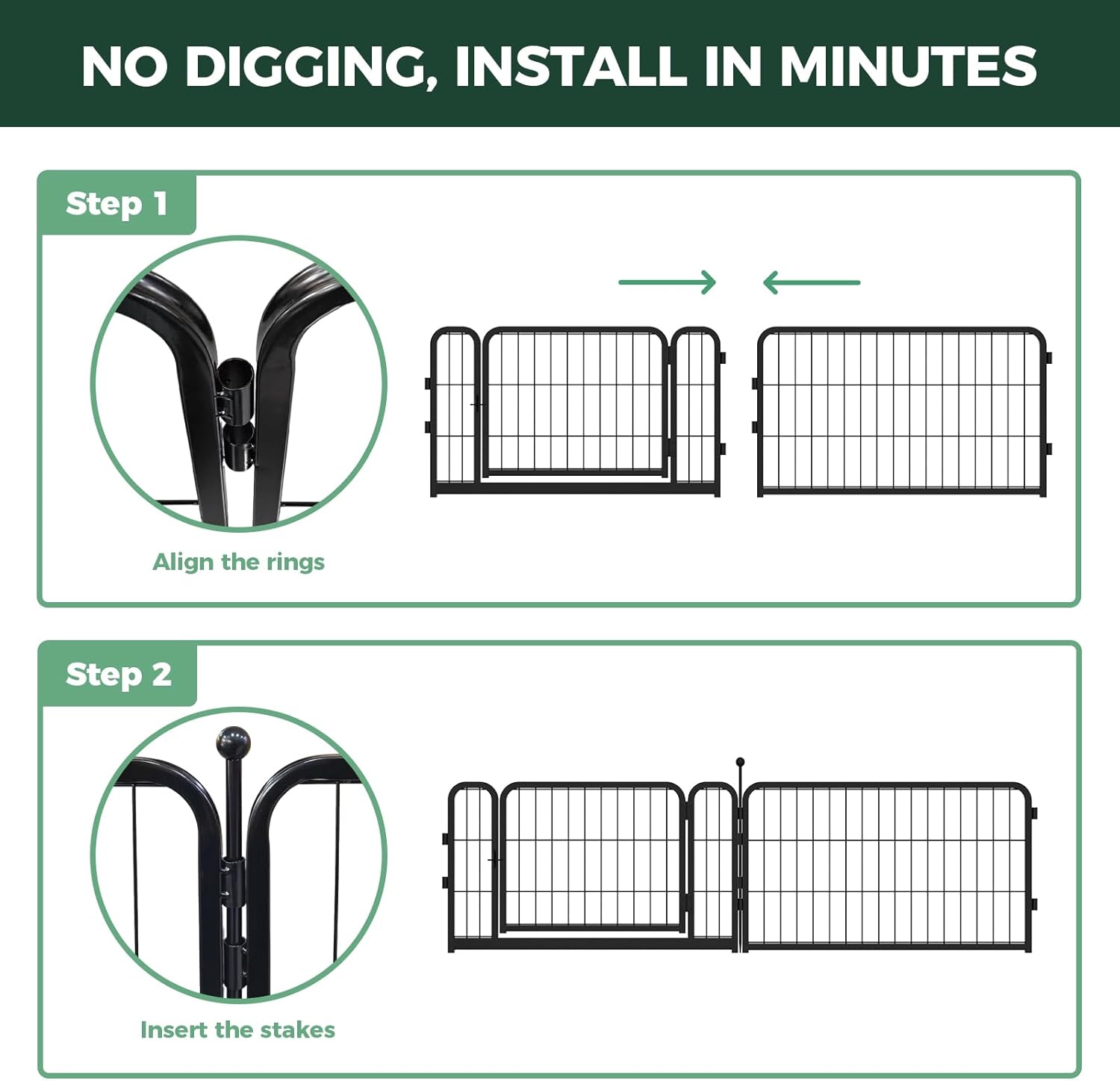 FXW Garden Fence Outdoor for The Yard – 17in(H) x 9.8ft(L) Heavy Duty Metal Animal Barrier for Dog, No Dig Decorative Dog Fence, 4 Panels, Black