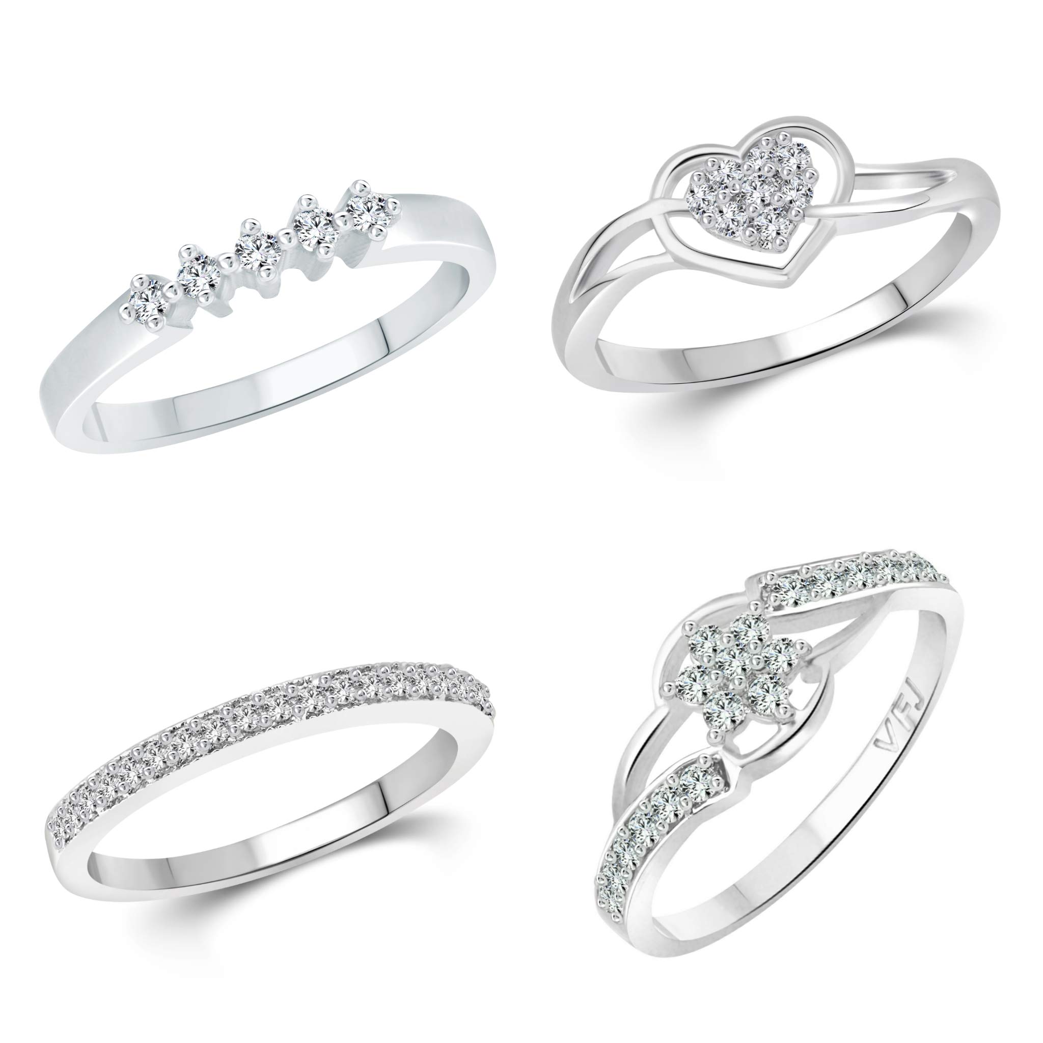VFJ Vighnaharta valentine day gift valentineday gift for her gift for him gift for women gift for men FASHION JEWELLERY Brass, Non-Precious Metal & Silver Plated and Cubic Zirconia Ring for Women's & Girl's (Pack of 4) (White)-image-36