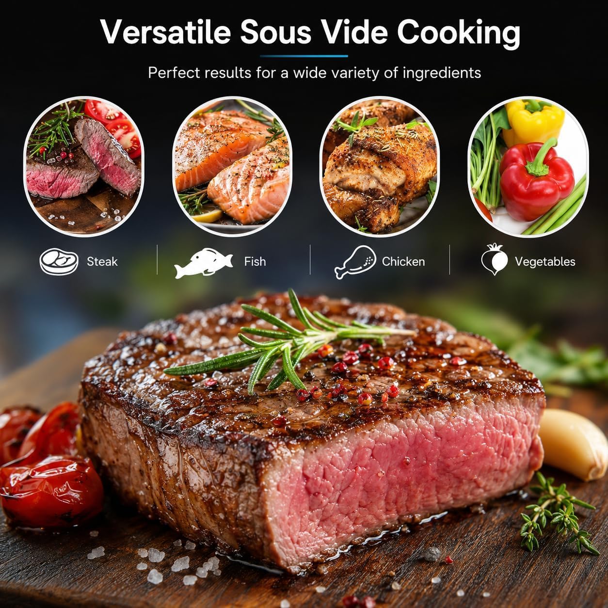 Baño de agua WiFi Sous Vide 1800W Cocina de precisión con pantalla LCD, control de temperatura de 25-95 °C para filetes, pollo, pescado, verduras