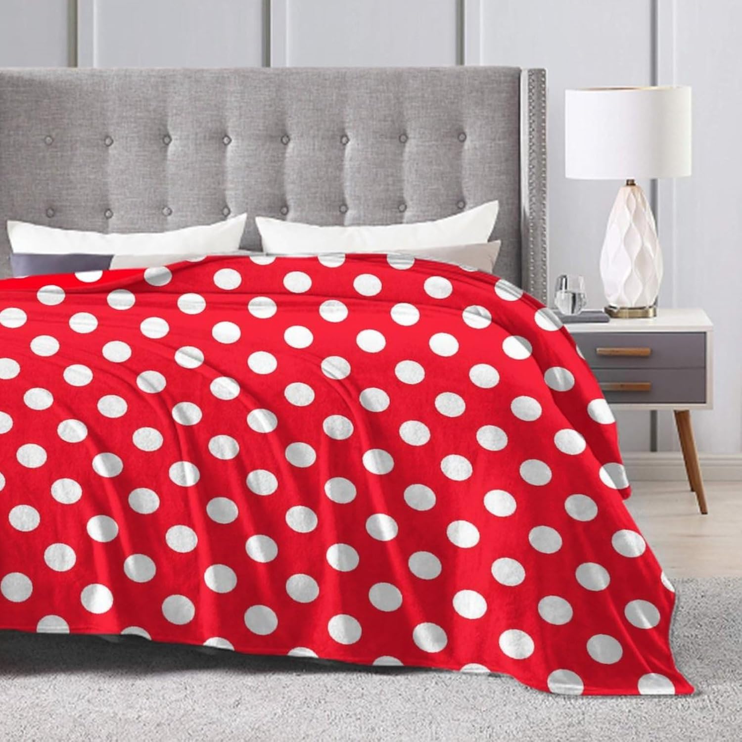 Soft Blanket Fleece Plush Sofa Couch Blanket, Tv Bed Blanket Throw, Comfy Cozy Fluffy Warm, Blanket - White Red Polka Dots