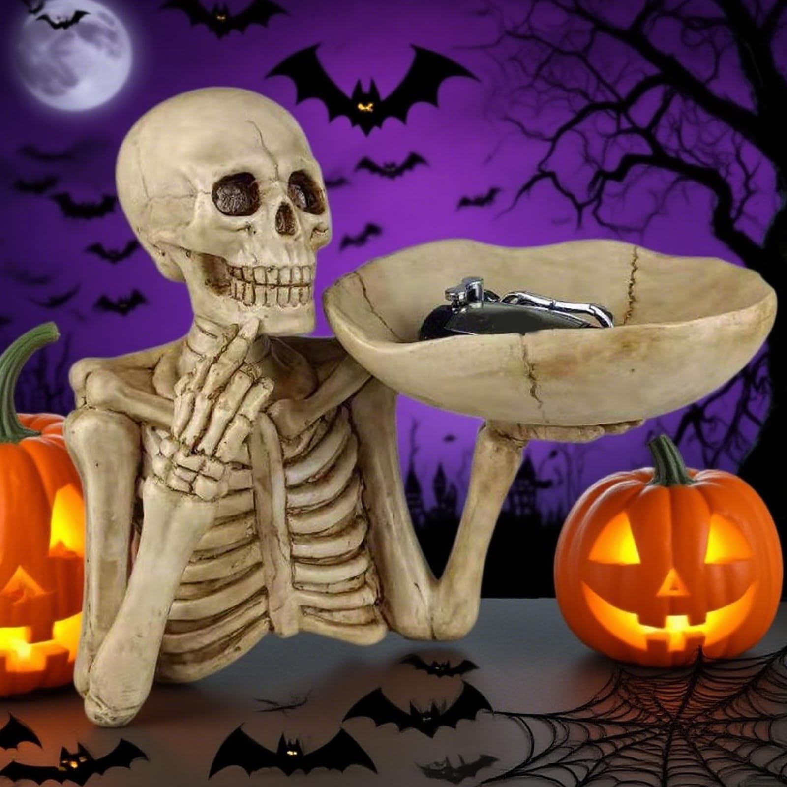 Soporte de baratija de esqueleto de resina, cuenco decorativo para entrada y tocador, bandeja de Halloween con aspecto de hueso, acento de para artículos pequeños, estante de otoño, centro de de