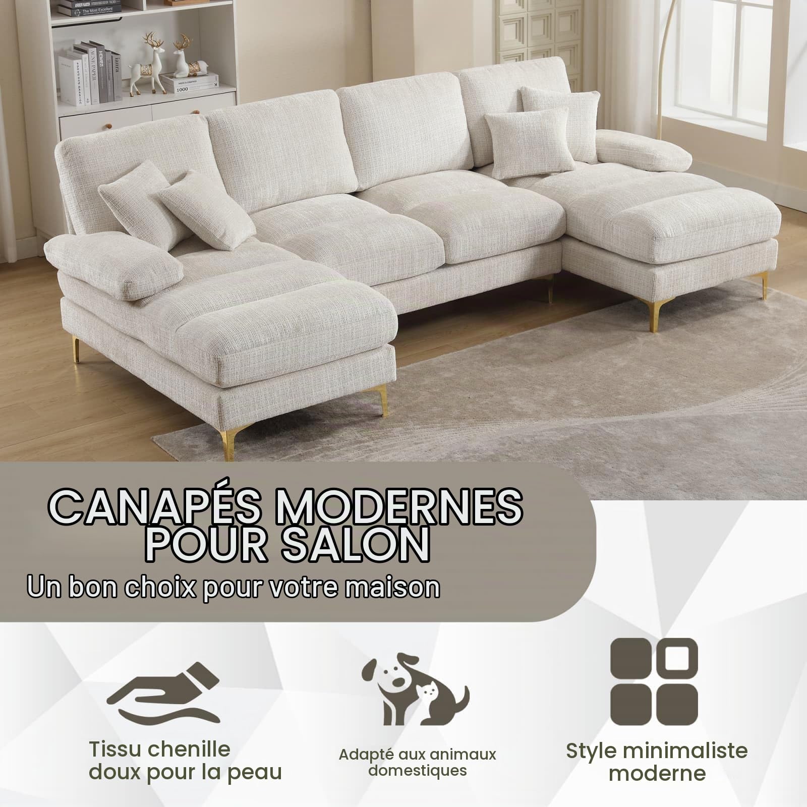 KOMHTOM Canapé Modulaire 4 Places avec Sièges Inclinables Doubles, Canapé en U avec 4 Grands Coussins de Dossier et 2 Petits Coussins, Meubles de Salon (Beige)