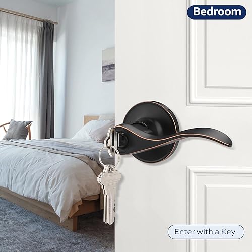 Miniatura 3 de Paquete de 4 manijas de puerta de entrada con llaves en acabado de bronce aceitado, manija de puerta con cerradura y llave, palancas de puerta