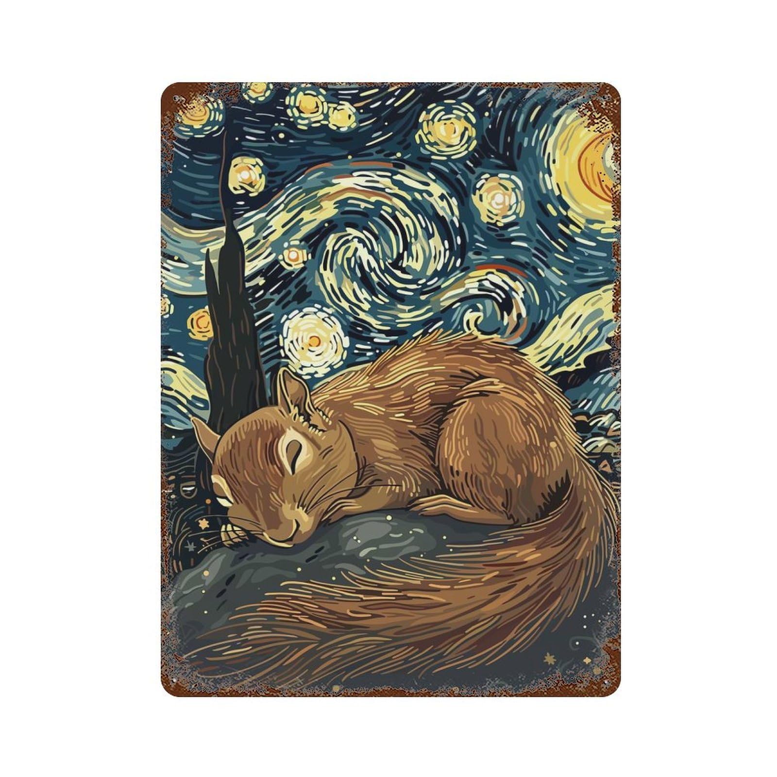 Squirrel Sleeping Under Starry Night Sky Vintage Rust Metal Sign 15.7"x11.8", for Basement, Hobby Room And Garage Decor, Farmhouse Wall Decor