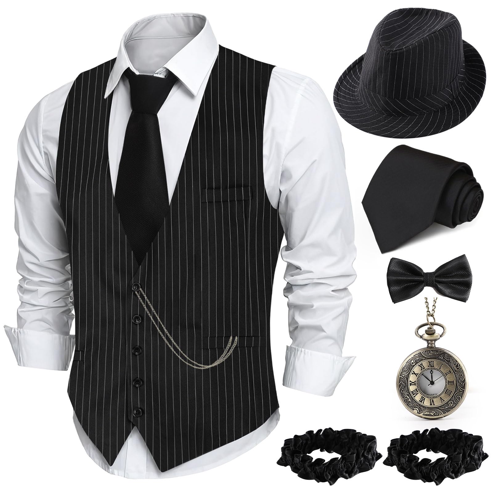 1920s Mens Costume, Roaring 20s Outfits for Men, 1920s Mens Outfit Accessories with Vest Hat, Gatsby Gangster Costume for Men