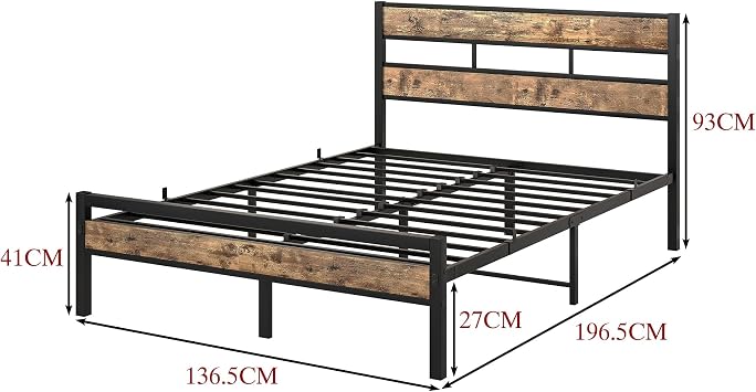 HOJINLINERO Double Bed Frame with Wooden Headboard,Heavy Duty Metal Platform Bed Frame Double Bed,Mattress Bed Base,Metal Slat Support,Under Bed Storage,Solid Double Beds,Black+Rustic Brown
