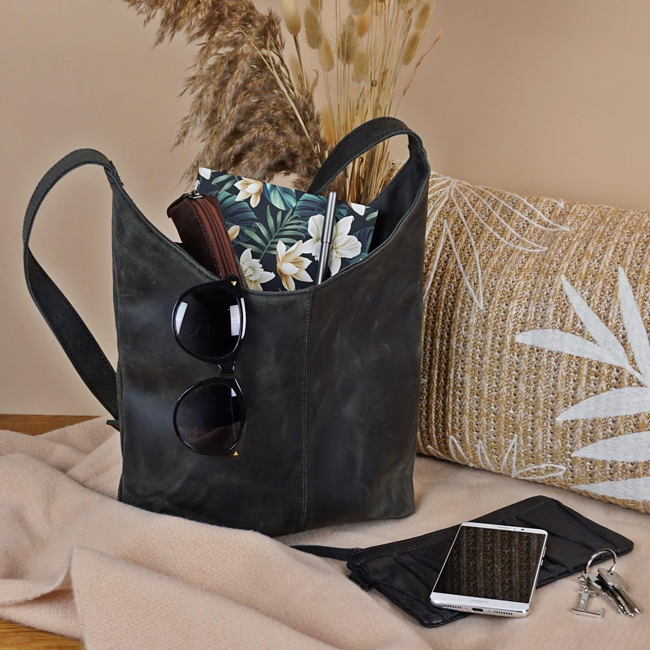 LECONI mittlere Umhängetasche Damen Schultertasche praktische Ledertasche für Frauen Beuteltasche Damentasche Shopper aus echtem Leder 30x30x9cm LE0073