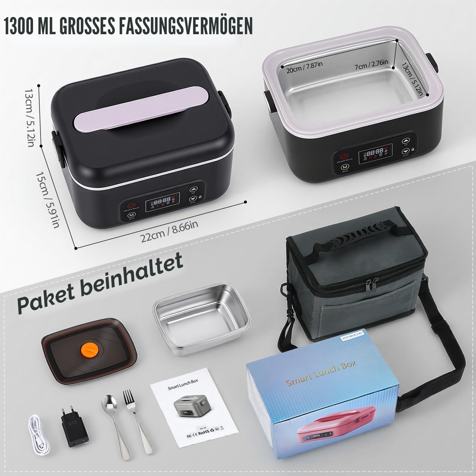 Elektrische Lunchbox mit 100W Rundum-Heizung, 24000mAh Akku, Temperatursteuerung (80–105°C), Timer & Warmhaltefunktion, 1300ml Edelstahl-Behälter, auslaufsicher – Ideal für Arbeit, Baustelle, Büro
