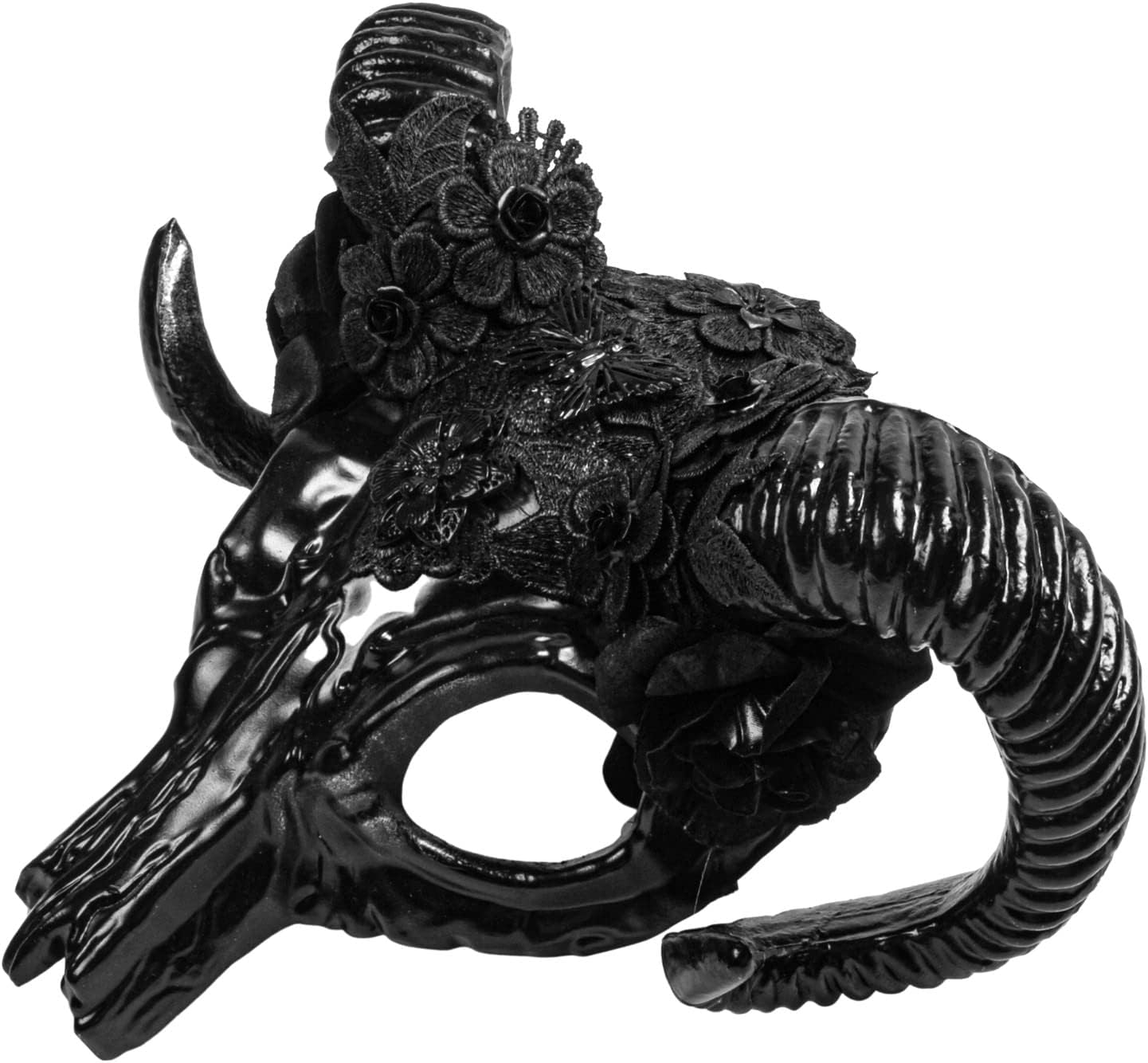 Black Flower Animal Ram Skull Mask Women Pagan Ritual Ram Horns Halloween Masquerade Cosplay, Monster Beast Animal Skeleton Ram Antler Sheep Goat Pagan Skull Mask with Wendigo Krampus Horns Venetian Flower Adult Costume