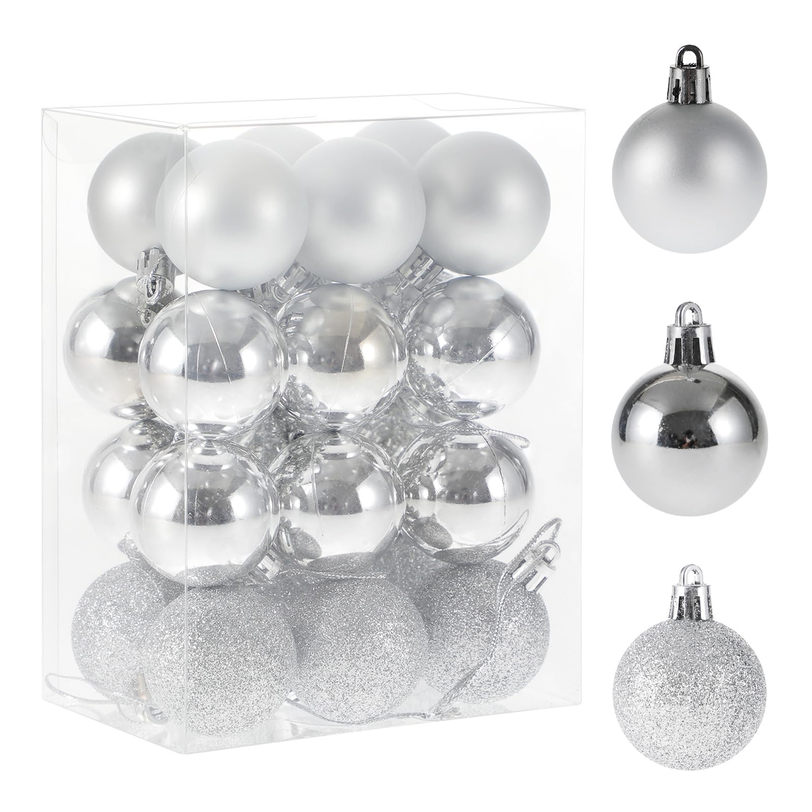 RELONGGI 24pcs Shatterproof Christmas Baubles, 4cm Pre-Strung with 3 Styles, Multi-Theme Ornaments for Xmas, Wedding, Halloween (Silver, Small)