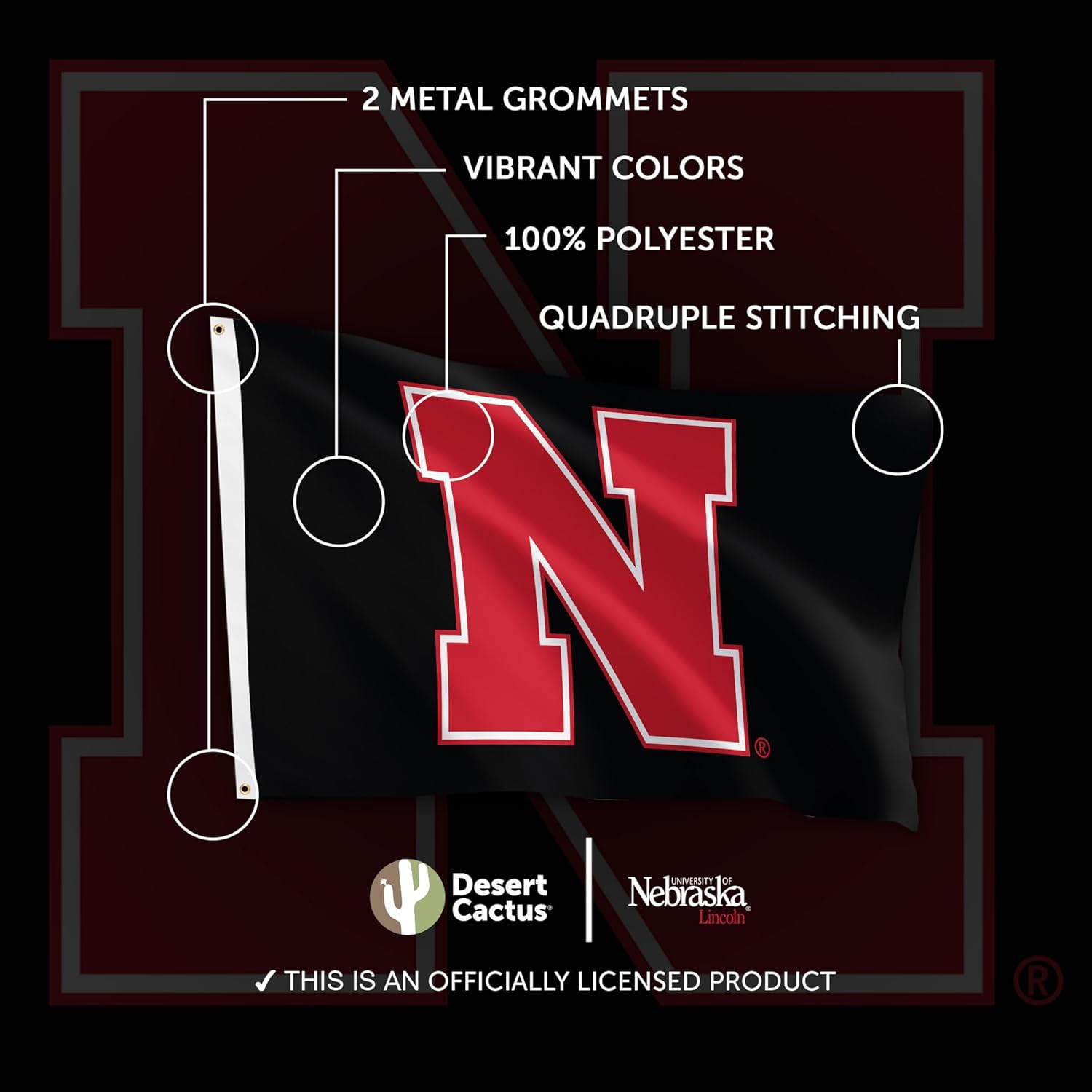 Desert Cactus University of Nebraska UN Flag - 3 x 5 Feet Cornhuskers Banner, Indoor/Outdoor Durable Fabric, 100% Polyester Design (Style Z) - Image 4