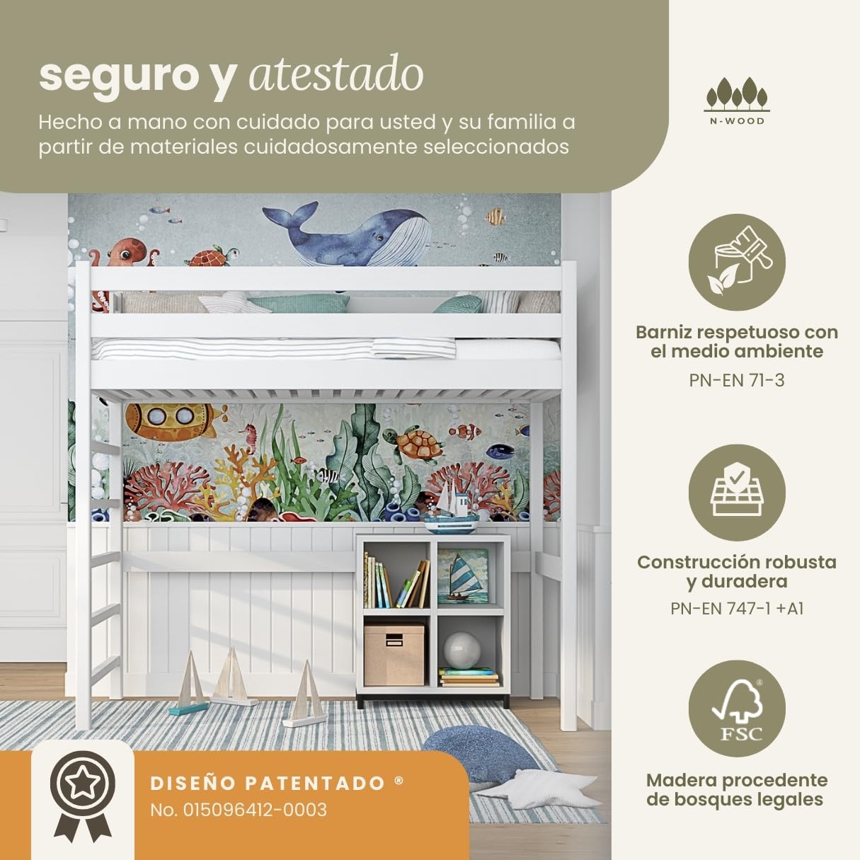 N01 Cama Loft 90x200 cm, 100% Madera Maciza, Cama Alta para niños y Adultos, Escalera Universal: Derecha o Izquierda, Somier Incluido, Sin Tornillos salientes, Hecho a Mano, Blanco