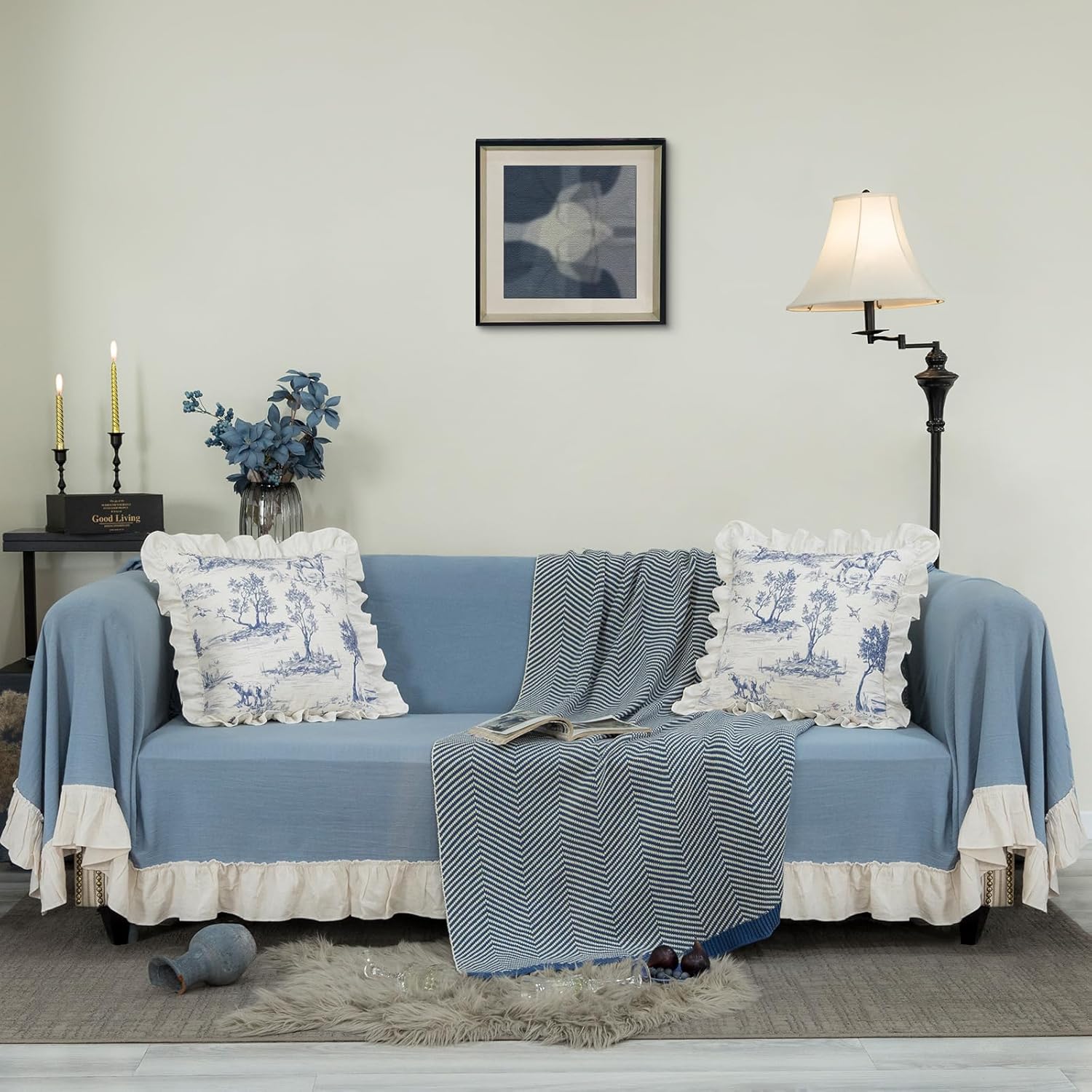 Rustic Throw Pillow Covers Set of 2 Classic French Village Printed Linen Fabric Decorative Pillow Cases Retro Ruffle Flounces Trim Square Cushion Case for Livingroom Sofa Decor Blue 22 x 22 Inch