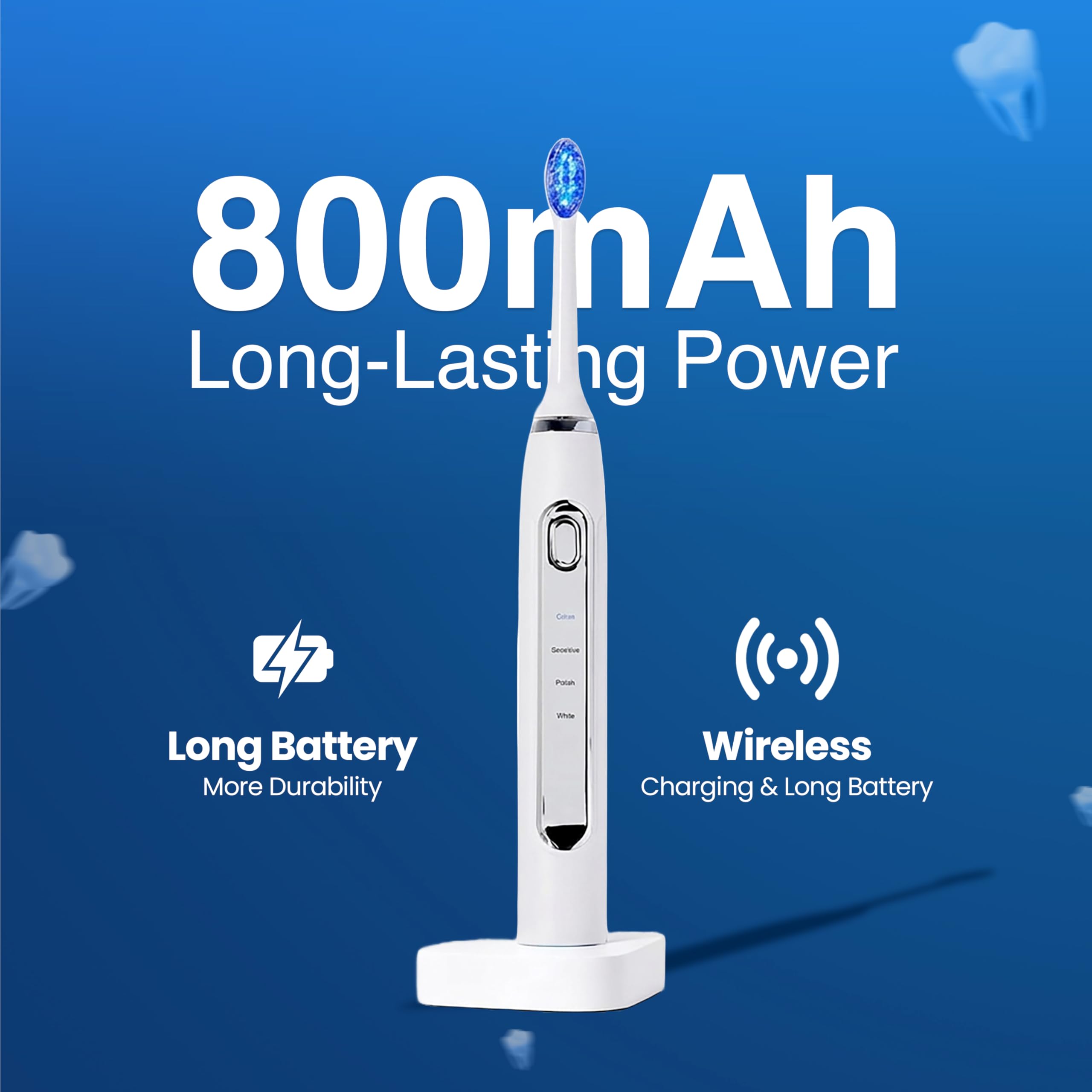Puur Smile Spazzolino elettrico Lumi a LED, 2 testine (LED blu) per adulti, 4 modalità di pulizia con timer intelligente, impermeabile IPX7, batteria a lunga durata e base di ricarica wireless (bianco