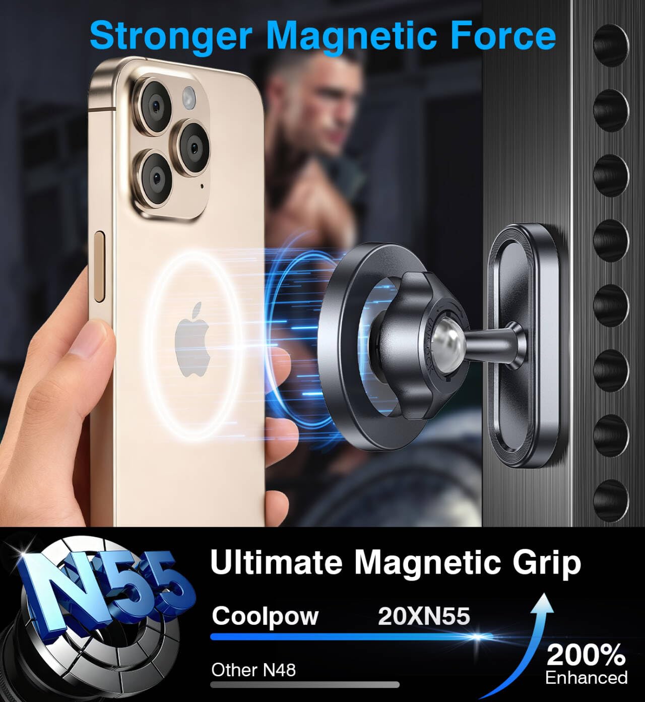 Coolpow Handyhalterung Magnet Für Fitnessstudio【starker Magnet】 mag-Safe Handyhalterung Fitness, 360 Einstellbar Tragbarer Handyhalterung Golf Ckompatibel Mit 4.7-7" Smartphones, Fitnesszubehör