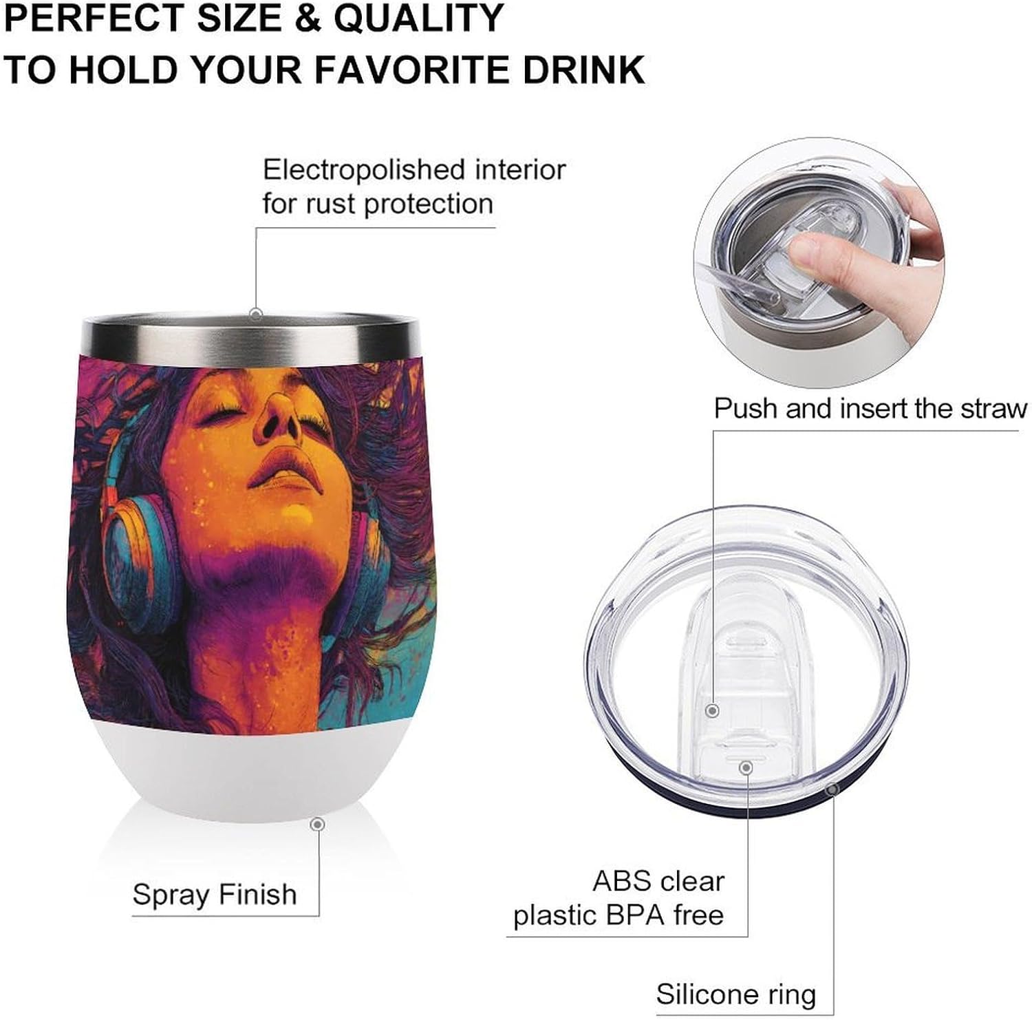 Music Lover Art Insulated Drinking Cup Stainless Steel Coffee Mug Wine Tumbler with Lid 12OZ