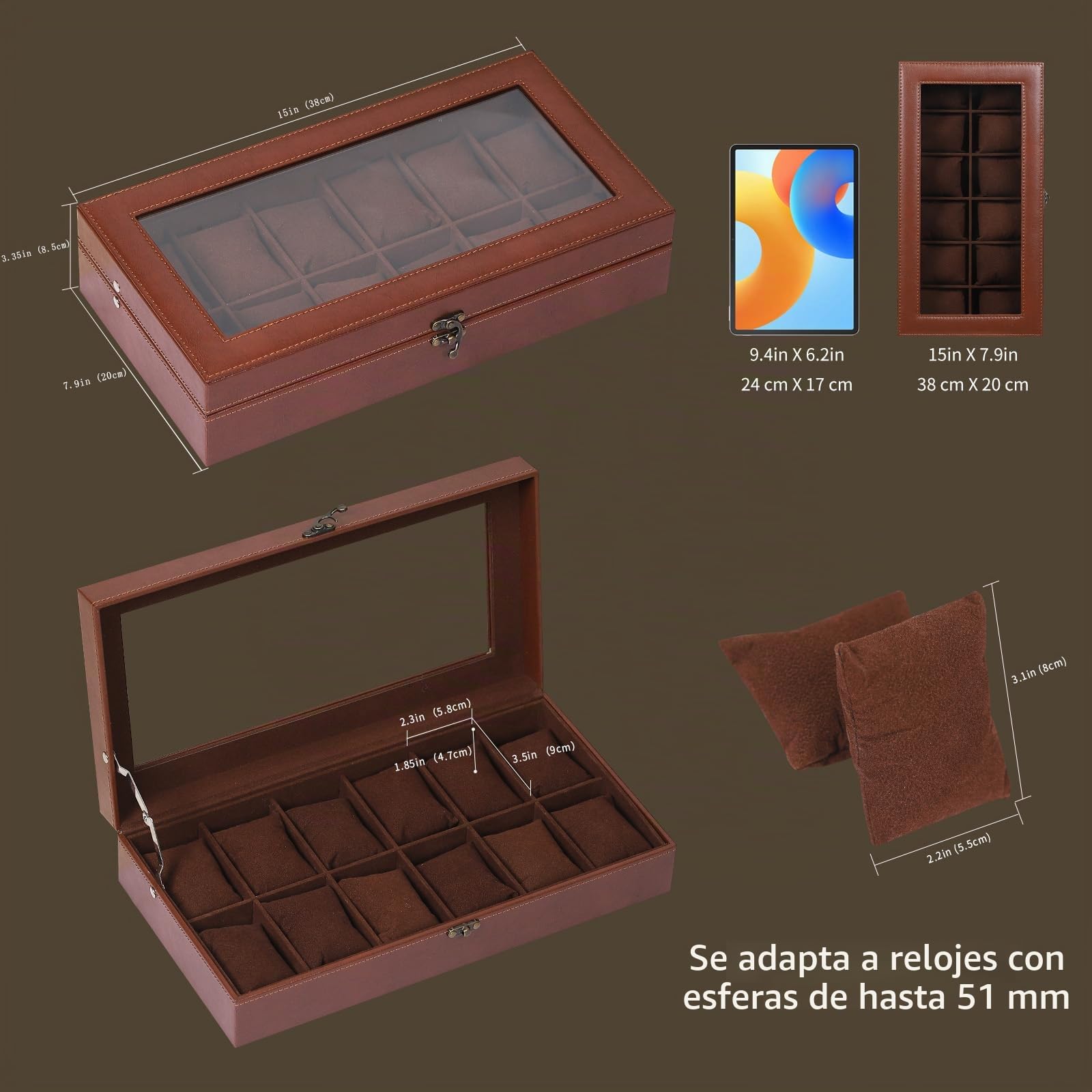 AUTOARK MKAW103 - Caja de reloj de cuero y terciopelo con tapa de cristal, organizador de joyas con cerradura, almohadas extraíbles para reloj, café, MKAW103