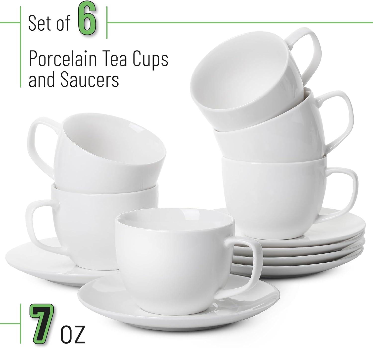 BTaT- Cappuccino Cups with Saucers 7 oz, Set of 6, White Porcelain Coffee Cup and Saucer Set for Latte, Mocha, Tea, Au Lait, Flat White, Dishwasher, Microwave, Freezer and Oven Safe