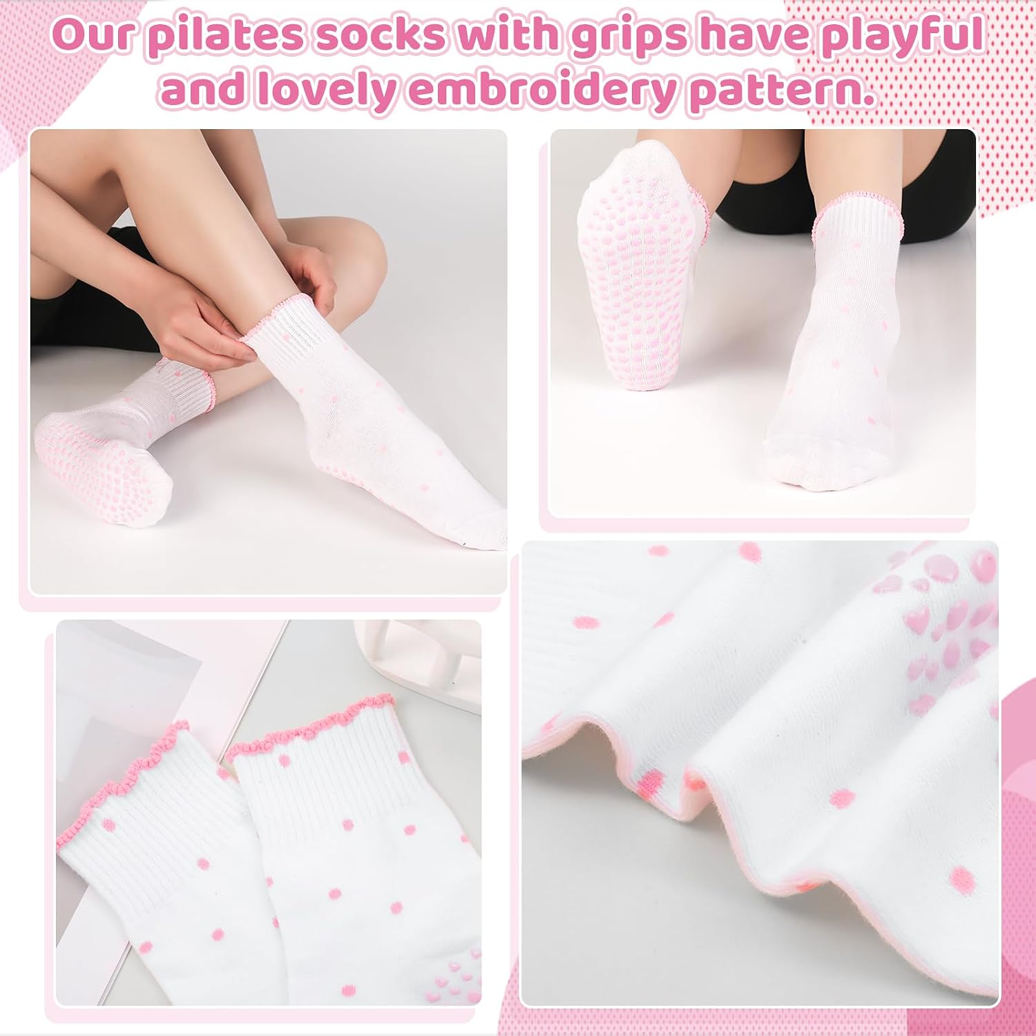 Womens Cute Ruffled Yoga Socks, Cotton Frilly Pilates Socks | 6 Pairs No-Slip Soft Grip Socks, Crew Grippy Pilates Socks for Home, Dance and Casual Wear, Cherry Bow Polka Dot Yoga Socks