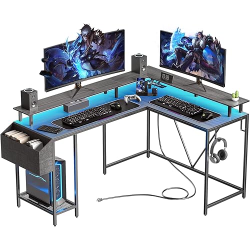 53inch L Shaped Desk,L Shaped Gaming Desk with Power Outlets & LED Lights, Computer Desk with Monitor Stand & Storage Bag, Home Office Desk Corner Desk with Hooks, Easy to Assemble, Grey