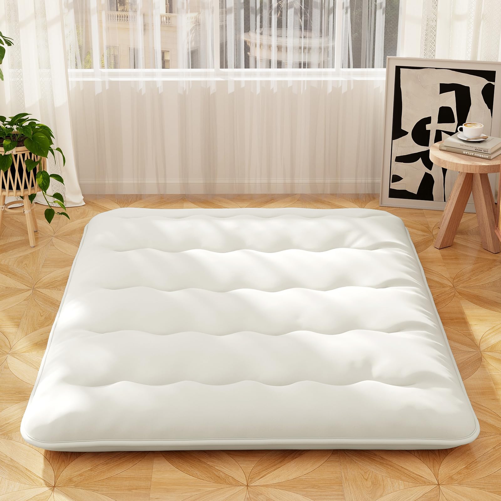 COSTWAY Japanese Floor Mattress, 10cm Thick Futon Mattress Tatami Mat Sleeping Pad with Carry Bag & Washable Cover, Foldable Roll Up Bed Mat for Lounger Dorm Camping (Beige, King) — image 1