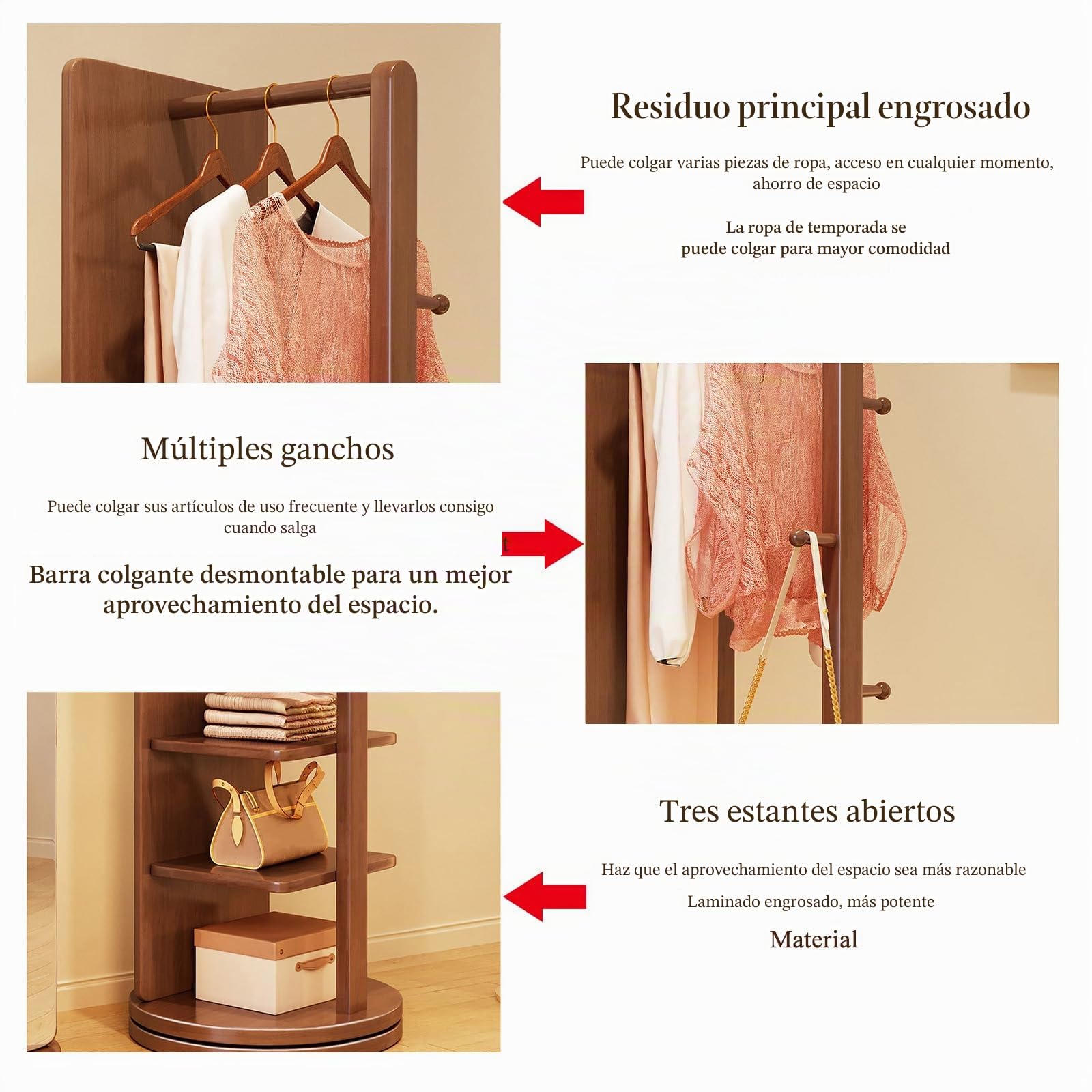 Espejo de Cuerpo Independiente con Perchero, Espejo de Piso de Madera Giratorio de 360°, Perchero con Espejos de Longitud Completa para Sala de Estar, Dormitorio