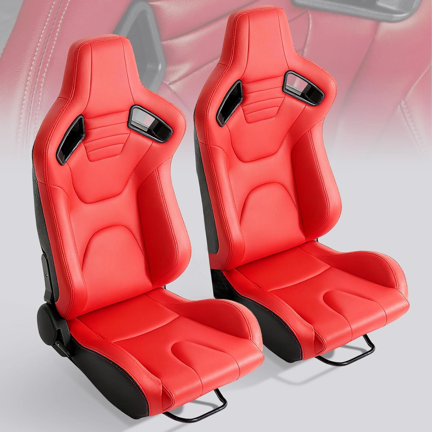 2PCS Reclinable Universal Automotive Racing Seats for Cars with PVC Leather Adjustable Racing Bucket Seats with Dual Sliders,180° Adjustment,Driver and Passenger Side RED
