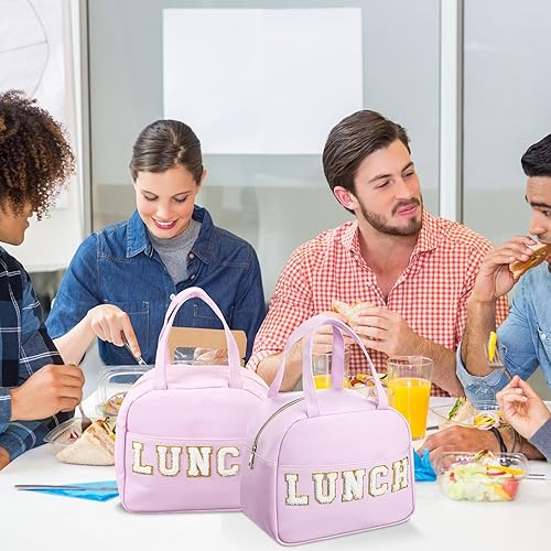 Miniatura 4 de Sanwuta Juego de 5 fiambreras moradas preppy para adolescentes y mujeres, bolsa de almuerzo aislada de cuero con utensilios, caja térmica Bento para