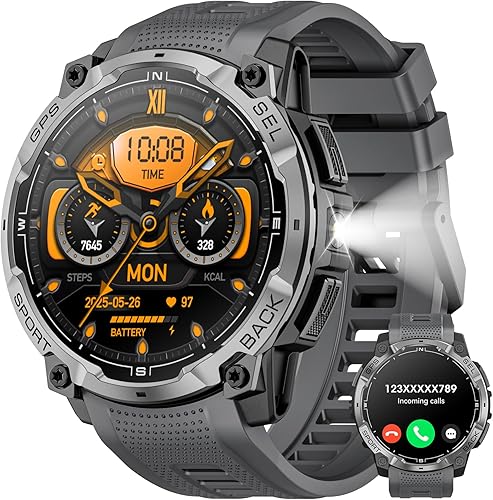Reloj inteligente militar para hombre con GPS, llamada Bluetooth AMOLED de 1.43 pulgadas, linterna LED, reloj táctico resistente para Android iOS,