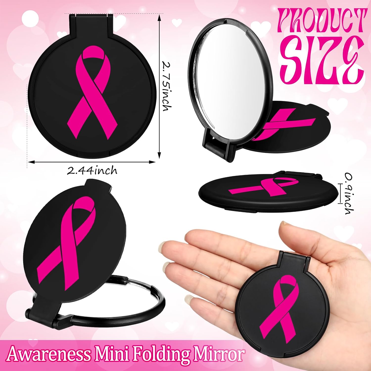 Huwena 100 Pcs Breast Cancer Gifts for Women, Breast Cancer Awareness Accessories Bulk, Small Pocket Compact Mirrors in Bulk, Pink Ribbon Gift Items for Survivor Chemo Patients(Pink Ribbon Style)