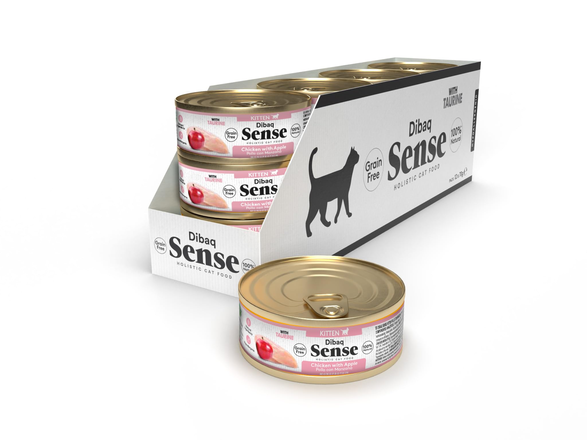 Dibaq Sense Cat: Comida húmeda Kitten Pollo con Manzana 100% Natural y sin Cereales para Gatitos. Pack de 70 g x 12 uds